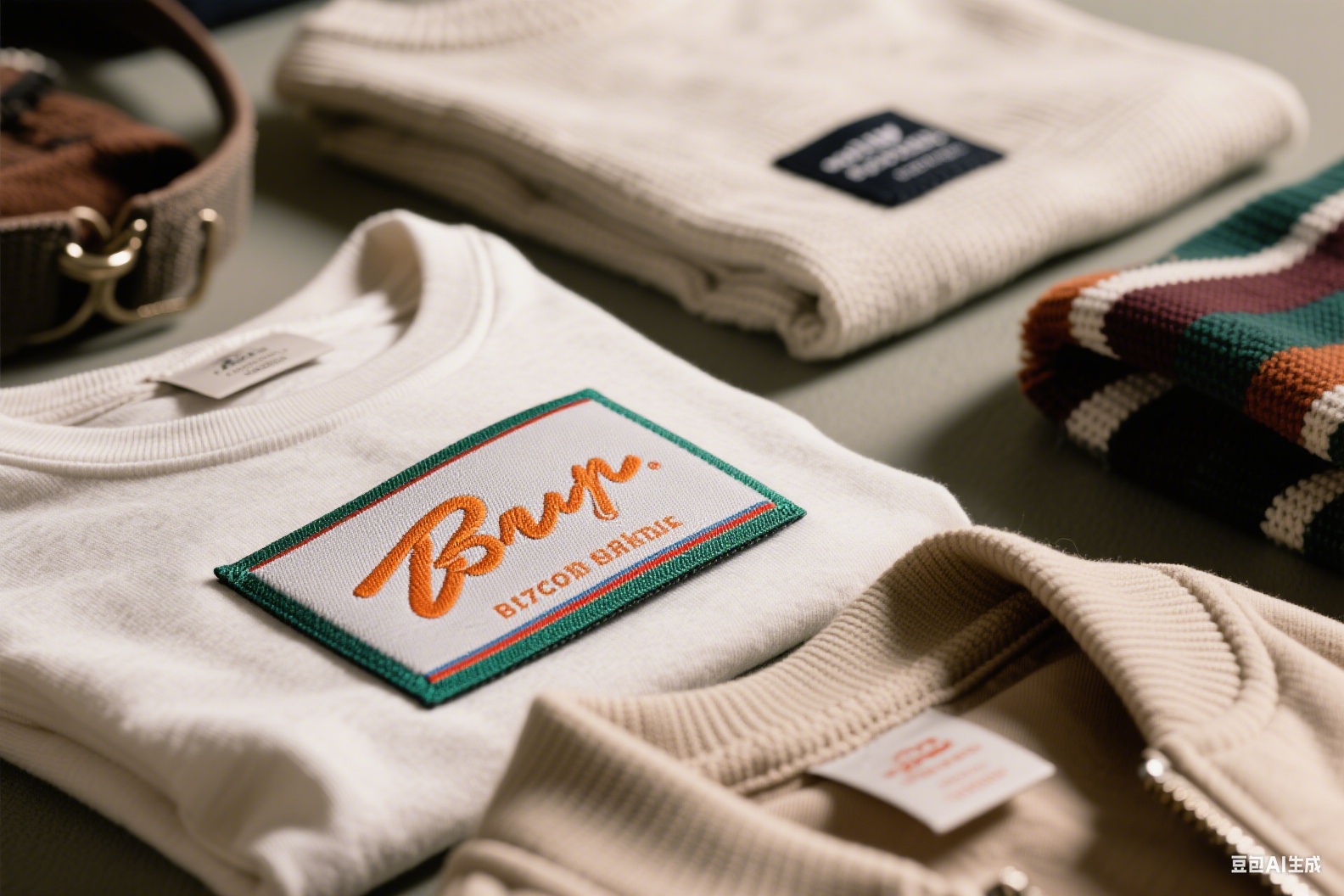 Custom woven clothing labels on diverse garments, showcasing brand identity.