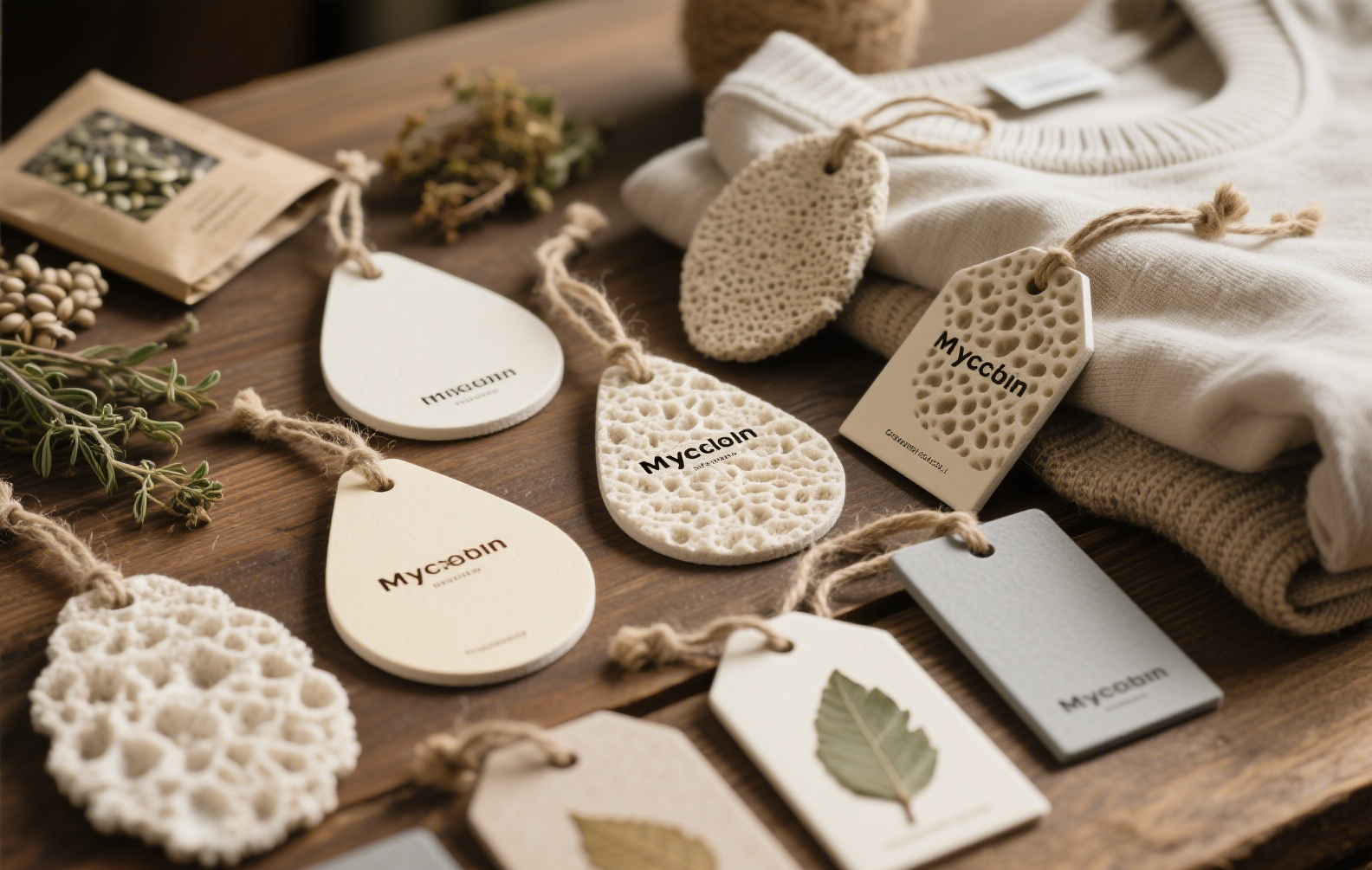  A sustainable fashion collection featuring mycelium clothing hang tags.