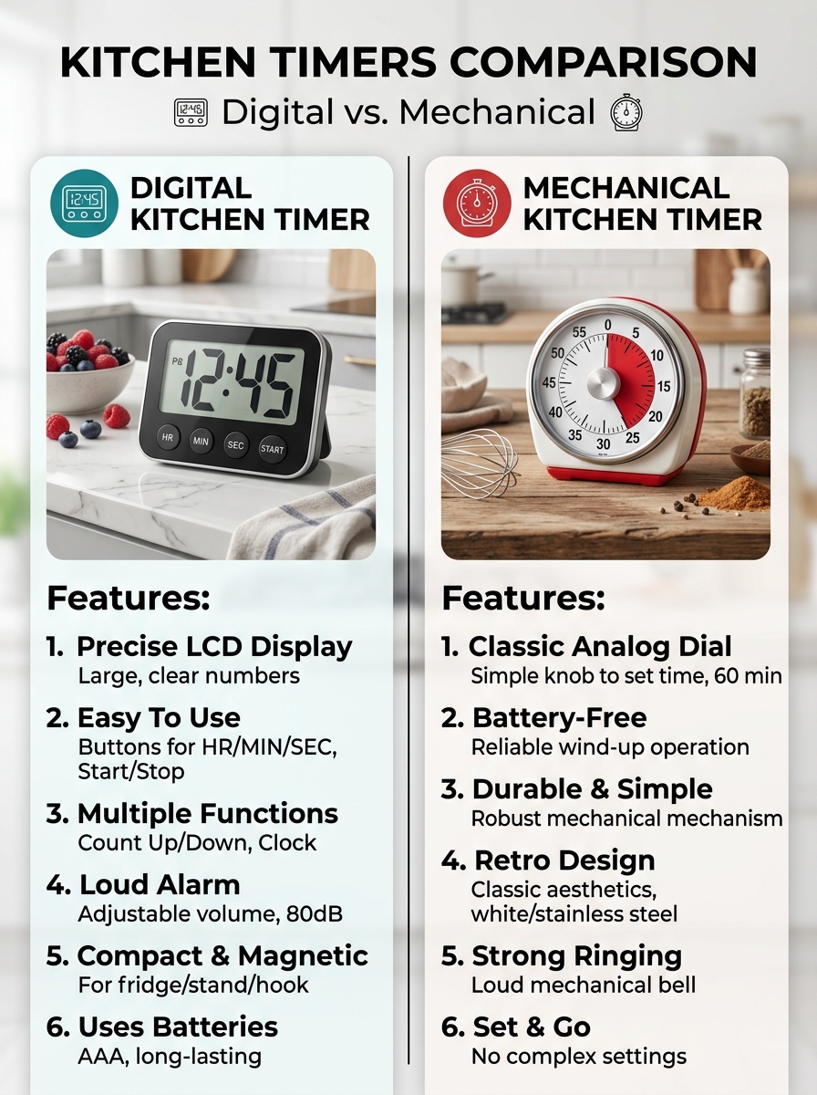 Mechanical kitchen timer and digital kitchen timer compare