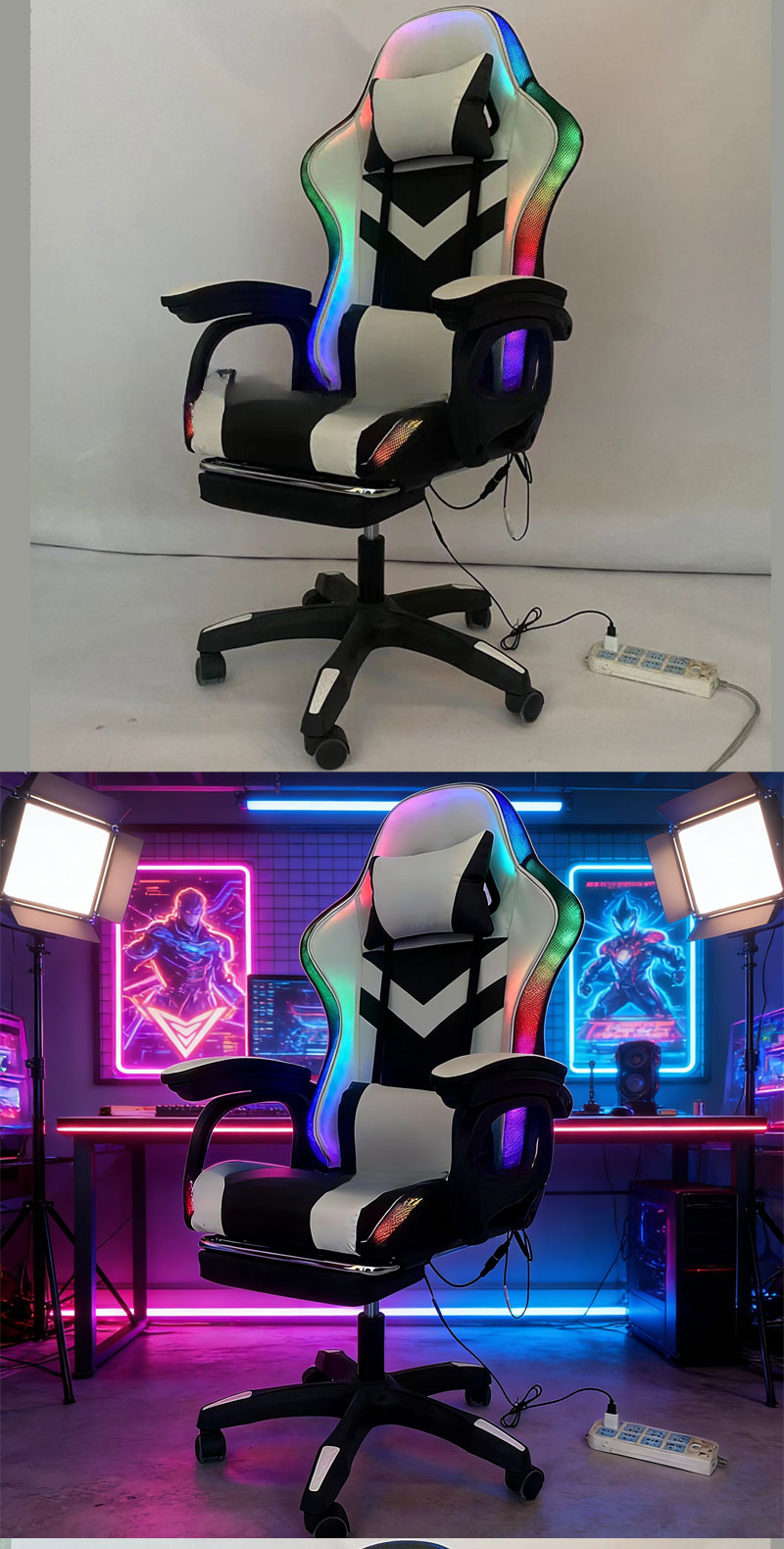 Leather Gaming Chair,Luxury Gaming Chair,Best Gaming Chair for Back Pain Wholesale Ergonomic Leather Gaming Chair with LED Lights and Adjustable Footrests