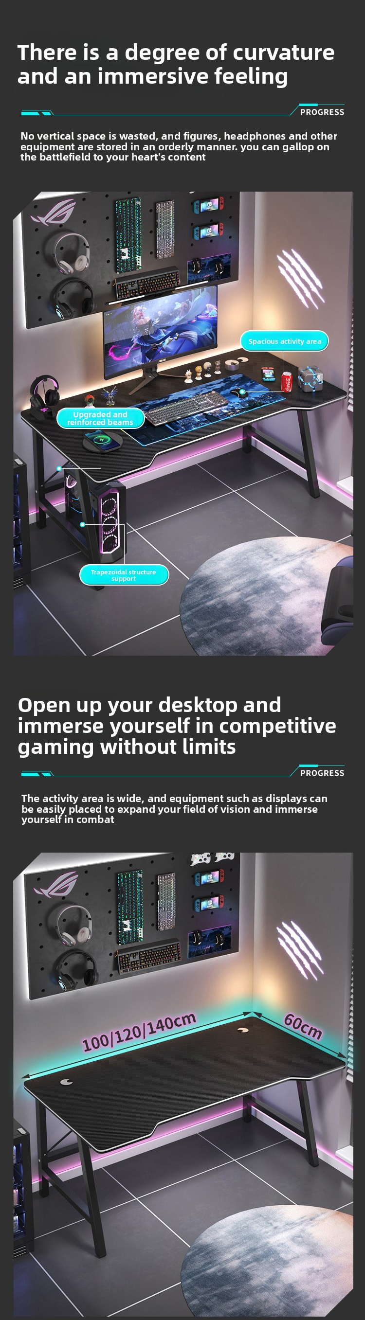 Gaming Desk,Long Gaming Desk,Metal Gaming Desk EaseNeat High Quality with LED Light for Computer Game Table with Storage Rack Gaming Table