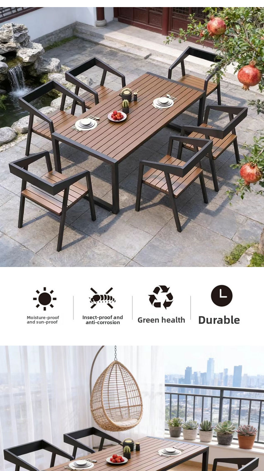 Outdoor Table and Chair,4 Person Outdoor Dining Set,Outdoor Bistro Table Set Supplier Waterproof Metal Frame Wooden Dining Set with Cushion for Patio Garden Outdoor Table and Chair