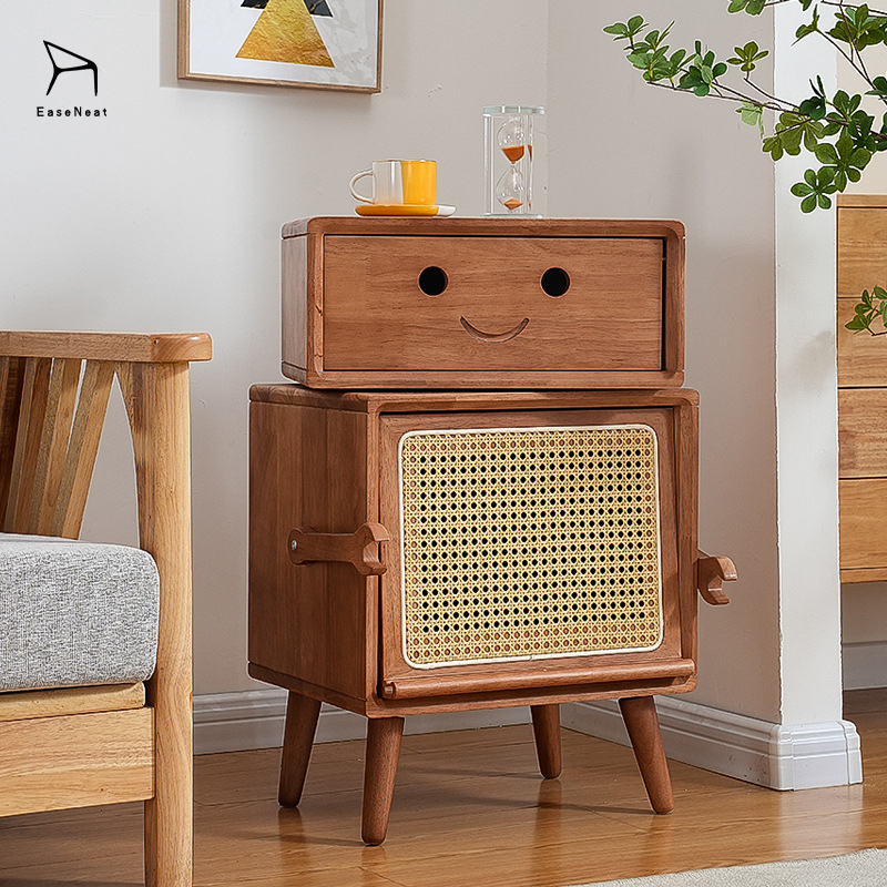 Solid Wood Nightstand,Wide Nightstand with Drawers,Locker Nightstand EaseNeat Nordic Modern Living Room Creative Side Cabinet Cherry Wood Storage Bedroom Nightstand Full Solid Wood Robot Cabinet