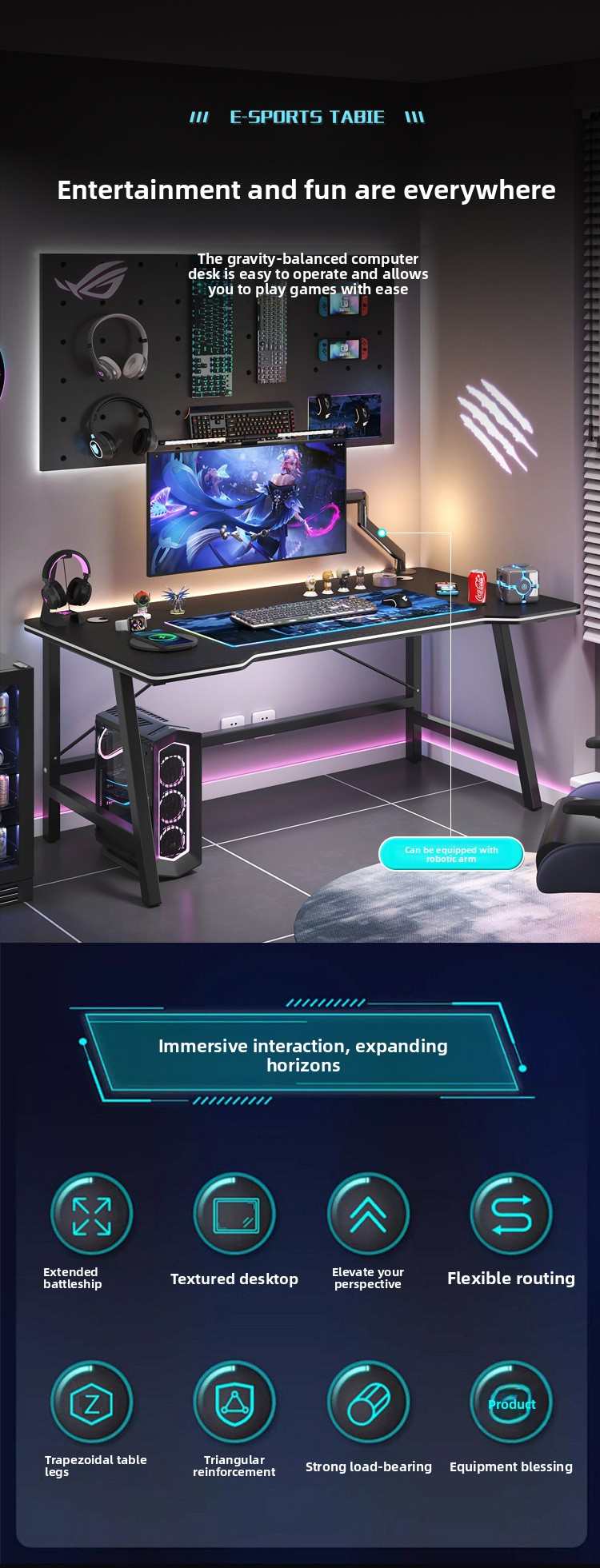 Gaming Desk,Long Gaming Desk,Metal Gaming Desk EaseNeat High Quality with LED Light for Computer Game Table with Storage Rack Gaming Table