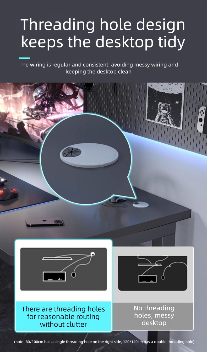 Gaming Desk,Long Gaming Desk,Metal Gaming Desk EaseNeat Simple and Portable Black Gaming Table with LED Light Metal Frame for Bedroom Office
