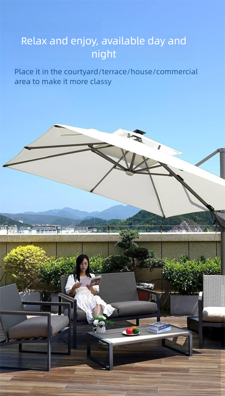 Large Sun Umbrella,Aluminum Metal Umbrella,Outdoor Sun Umbrella Wholesale Cantilever Solar LED Lights for Villa Park and Courtyard Outdoor Roman Parasol
