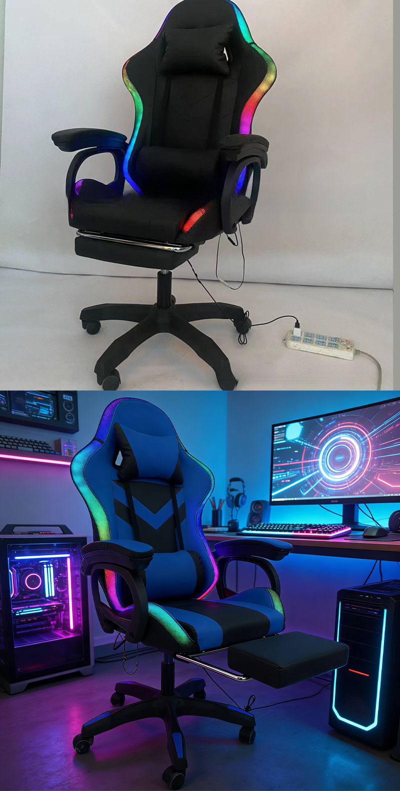 Leather Gaming Chair,Luxury Gaming Chair,Best Gaming Chair for Back Pain Wholesale Ergonomic Leather Gaming Chair with LED Lights and Adjustable Footrests