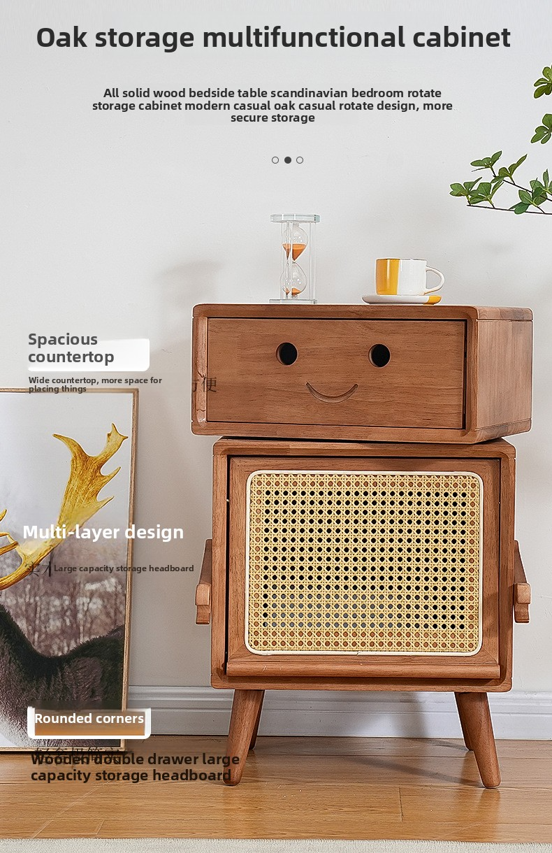 Solid Wood Nightstand,Wide Nightstand with Drawers,Locker Nightstand EaseNeat Robot Modeling Side Cabinet Solid Wood Nightstand Sofa Side Walnut Color Storage Living Room Bedside Table