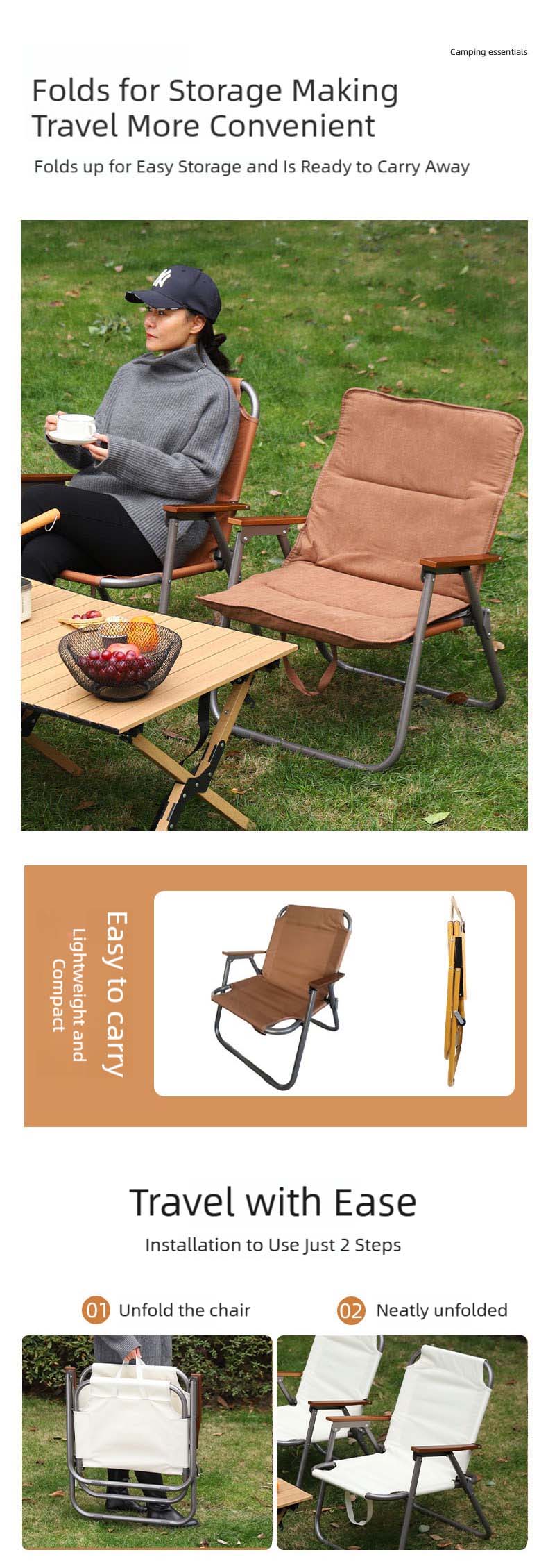 Outdoor Folding Chair,Modern Folding Chairs,Compact Beach Chair Supplier 25mm Carbon Steel Outdoor Chair Foldable With Wooden Armrest for Camping Fishing