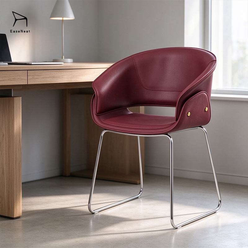 Leather Dining Chair,Red Leather Dining Chairs,Leather and Metal Dining Chairs Wholesale Italian Light Luxury Dining Chair With Curved Back and Metal Frame for Hotel