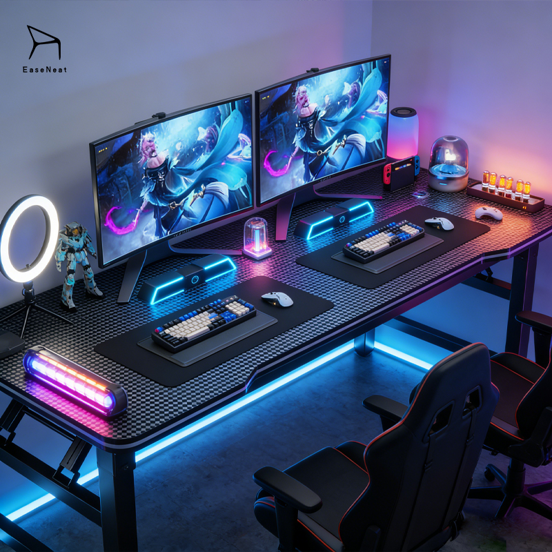 Gaming Desk,Long Gaming Desk,Metal Gaming Desk Supplier Small Simple Folding Metal Frame with LED Lights Black Gaming Table