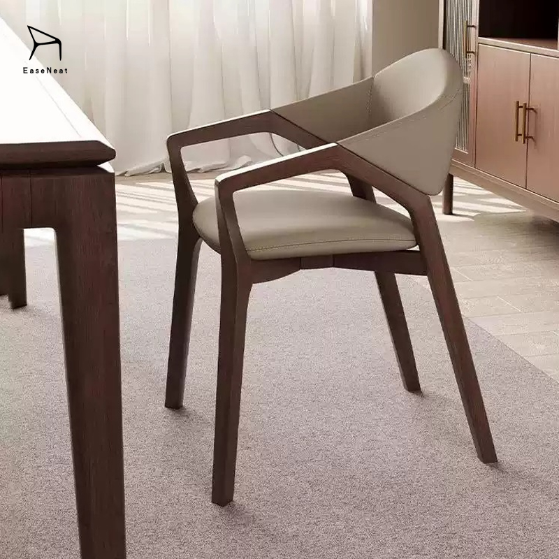 Wood Chair,Grey Wood Dining Chairs,Leather and Wood Accent Chair Italian luxury modern leather dining chair armrest wooden dining room furniture Hotel Cafe Comfortable cushioned back