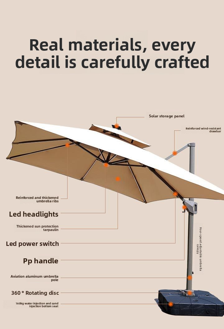 Large Sun Umbrella,Aluminum Metal Umbrella,Outdoor Sun Umbrella Supplier Solar LED Light Waterproof Multifunctional Cantilever Shade for Patio and Garden Umbrella