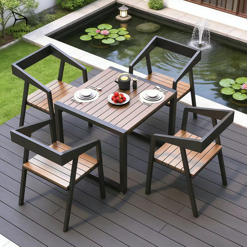 Outdoor Table and Chair,4 Person Outdoor Dining Set,Outdoor Bistro Table Set Supplier Waterproof Metal Frame Wooden Dining Set with Cushion for Patio Garden Outdoor Table and Chair