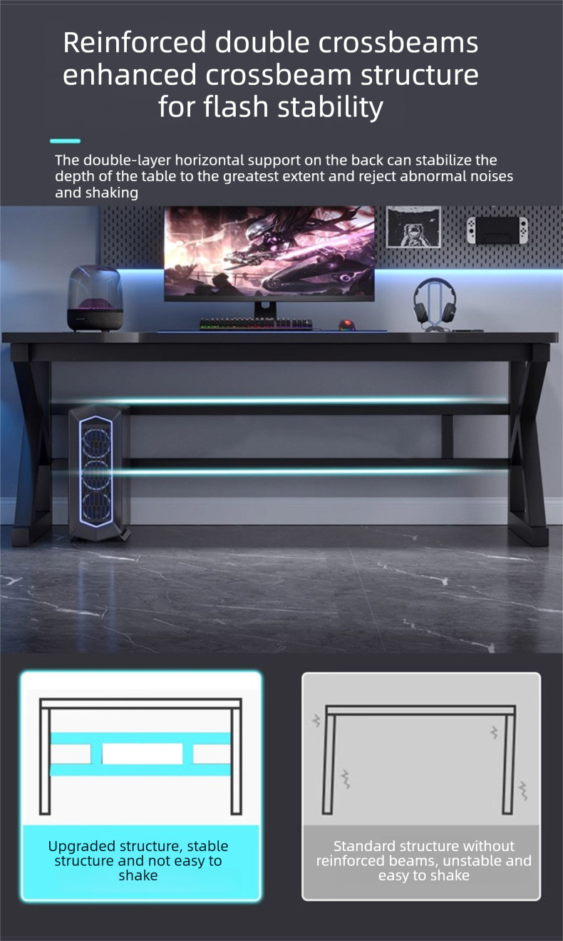 Gaming Desk,Long Gaming Desk,Metal Gaming Desk EaseNeat Simple and Portable Black Gaming Table with LED Light Metal Frame for Bedroom Office