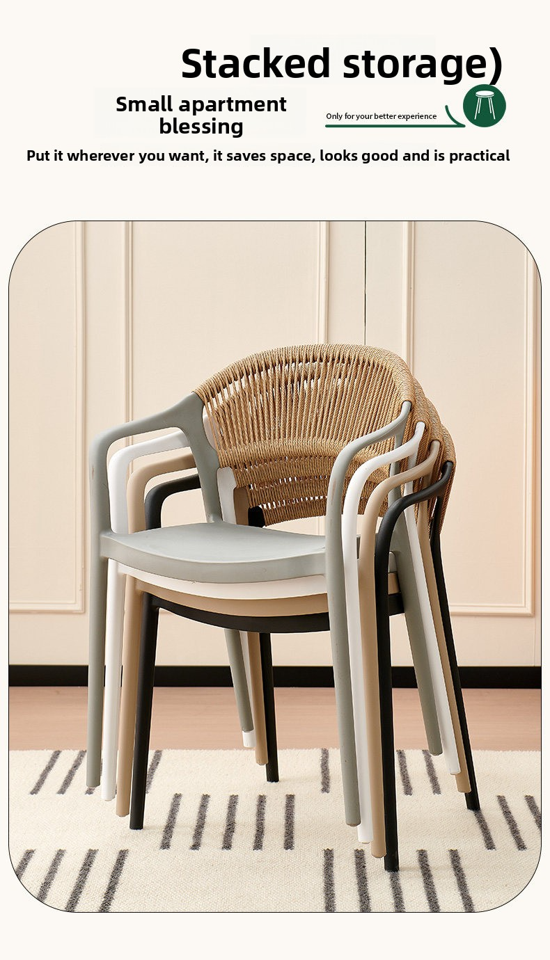 Dining Chair,Commercial Restaurant Chairs,Stacking Dining Chairs Manufacturer Plastic Armchair Stackable Black Shell Beige Braided Rope for Living Room Dining Chair