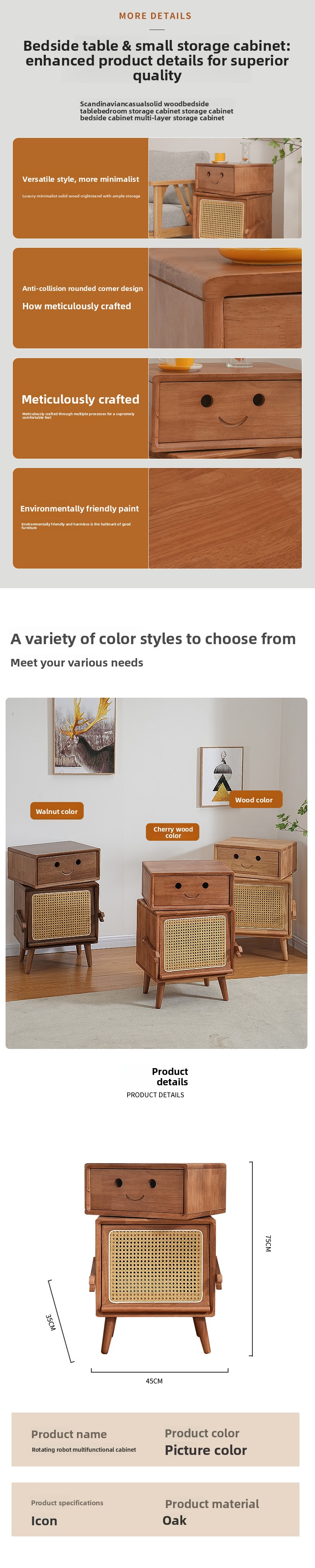 Solid Wood Nightstand,Wide Nightstand with Drawers,Locker Nightstand Wholesale Nordic Modern Minimalist Bedroom Creative Robot Edge Cabinet Storage Bedroom Bedside Table Solid Wood Nightstand