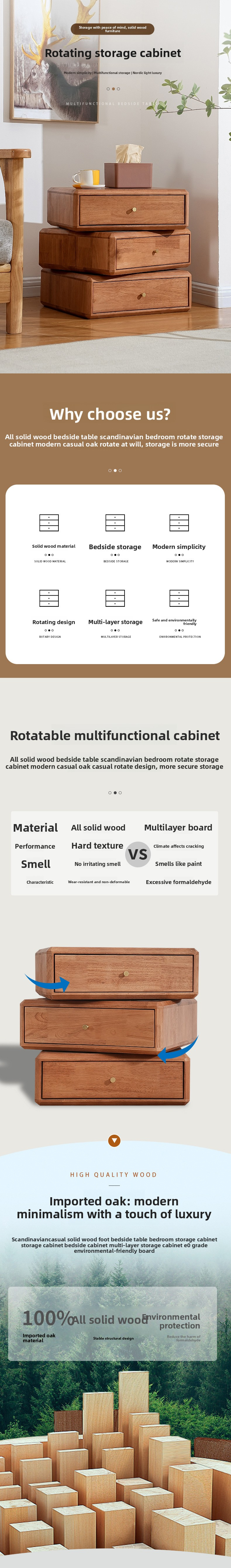 Nightstand,Wide Nightstand with Drawers,Small Wood Nightstand EaseNeat Wholesale Solid Wood Nightstand Cherry Wood Modern Nordic Design Low Price Original Factory Bedroom Drawers