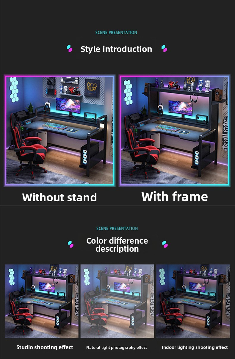 Gaming Table,Outdoor Game Table,Best Multi Game Table Supplier Black Carbon Fiber Gaming Table with Storage Rack LED Light and Metal Stand