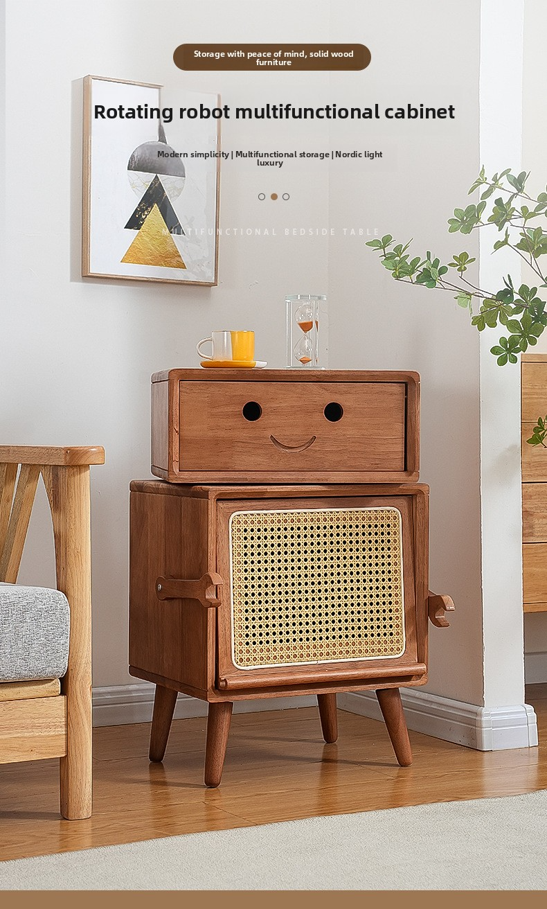 Solid Wood Nightstand,Wide Nightstand with Drawers,Locker Nightstand EaseNeat Nordic Modern Living Room Creative Side Cabinet Cherry Wood Storage Bedroom Nightstand Full Solid Wood Robot Cabinet