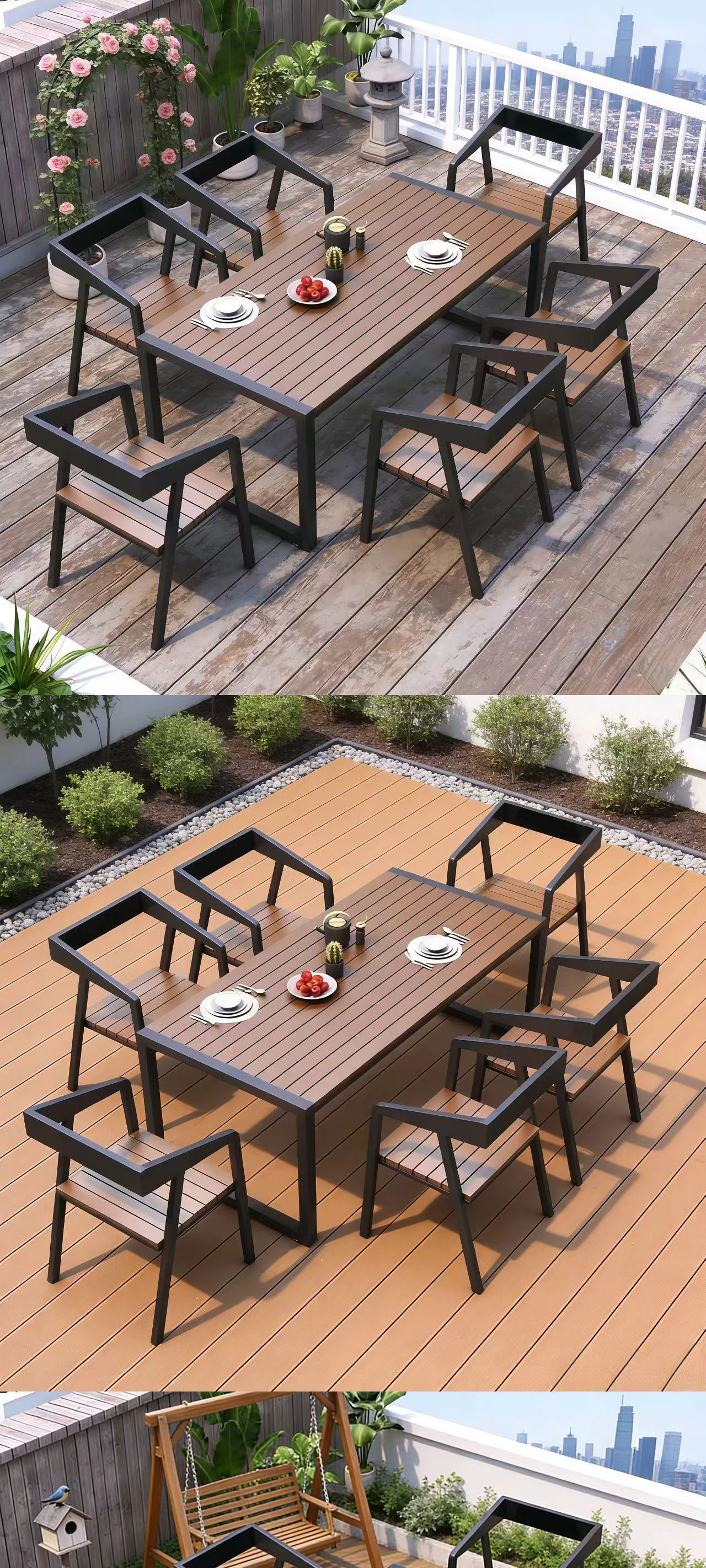 Outdoor Table and Chair,4 Person Outdoor Dining Set,Outdoor Bistro Table Set EaseNeat Anti-UV Water Resistant Plastic Wood Villa Garden Set for Terrace Patio Outdoor Table and Chair