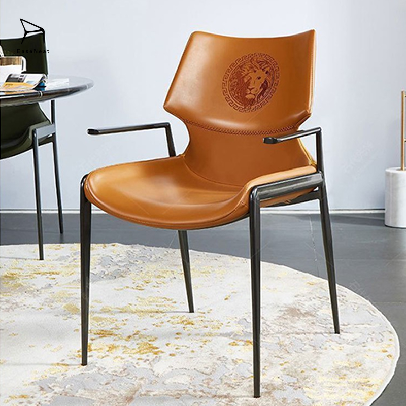 Leather Dining Chair,Red Leather Dining Chairs,Leather and Metal Dining Chairs Supplier Modern Minimalist Dining Chair With Leather Seat and Metal Frame Armrest for Office