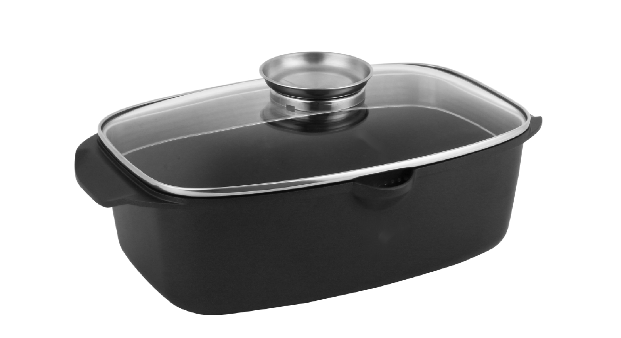 ROASTER with spout, glass lid with s/s aroma knob casting