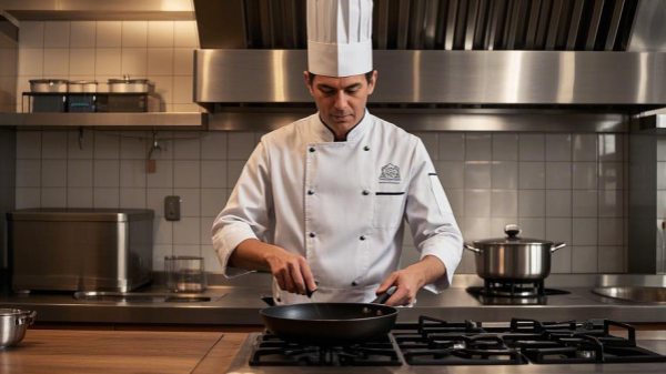 A chef cleaning a new wok in a kitchen