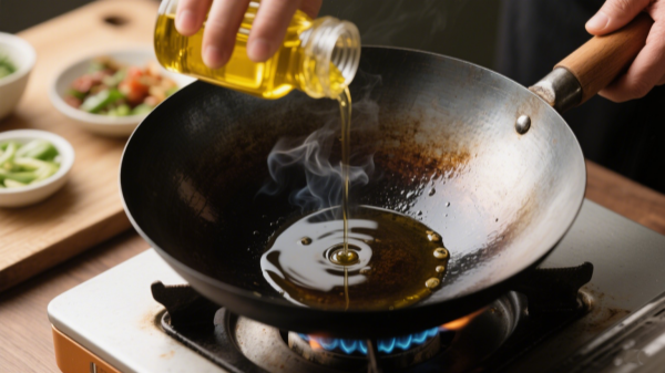 add a thin layer of high-smoke-point oil on the wok