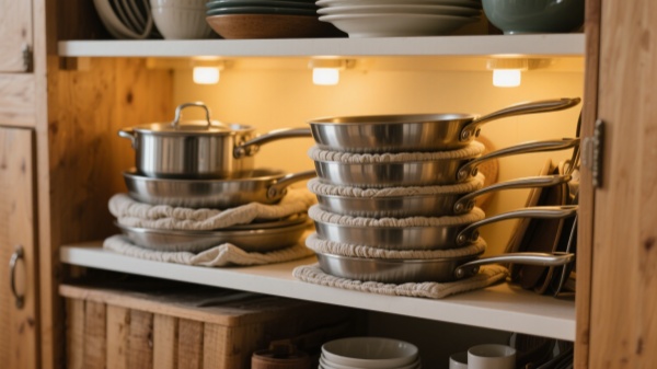 Stacking Cookware Place pan guards or soft cloths between pieces to avoid scratches