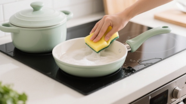 Ceramic-coated cookware Prefer non-abrasive sponges to hand wash Ceramic-coated cookware Prefer non-abrasive sponges to hand wash