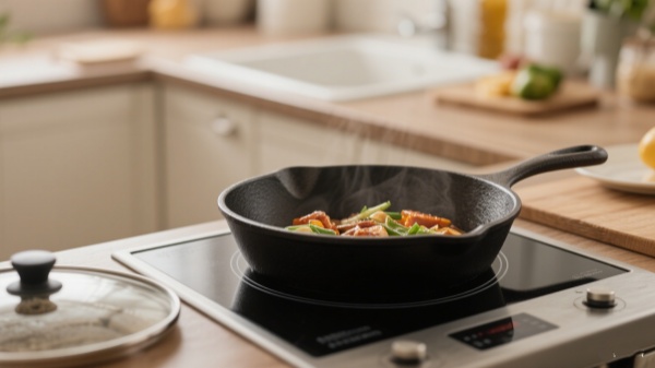 Cast Iron Induction Cookware Pan in the kitchen Cast Iron Induction Cookware Pan in the kitchen