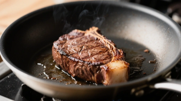 A frying pan cooked steak