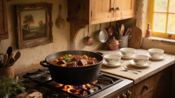 4 servings of beef bourguignon whole chicken soup stockpot