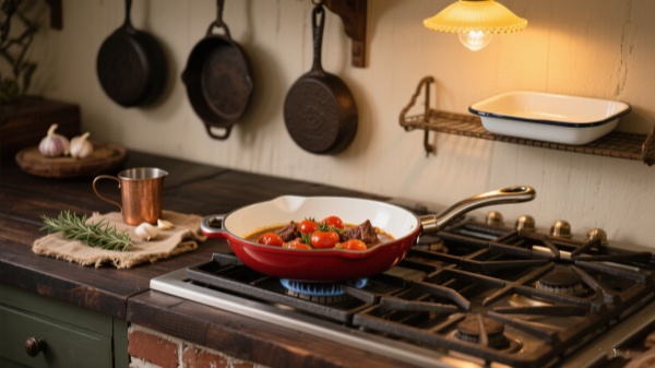 Cast iron and enameled cast iron frying pan