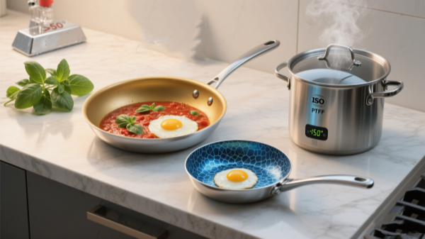 Modern kitchen countertop with three cast aluminum cookware types