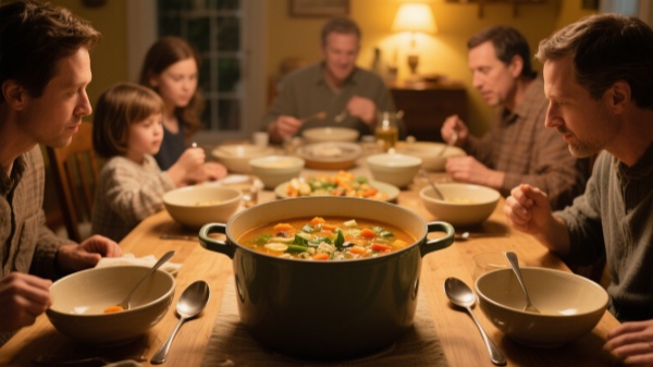 A large family is gathered around an 8-quart pot, enjoying a meal together