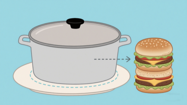 A 4-quart pot’s base matches a dinner plate’s size, with a height close to two stacked burgers.