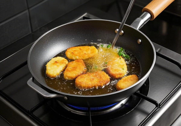 A high - walled deep frying pan ideal for safe and efficient frying