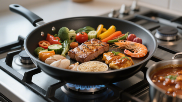 a sauté pan on a stovetop displaying a medley of ingredients