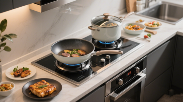 modern kitchen scene featuring forged aluminum cookware with a ceramic non-stick coating