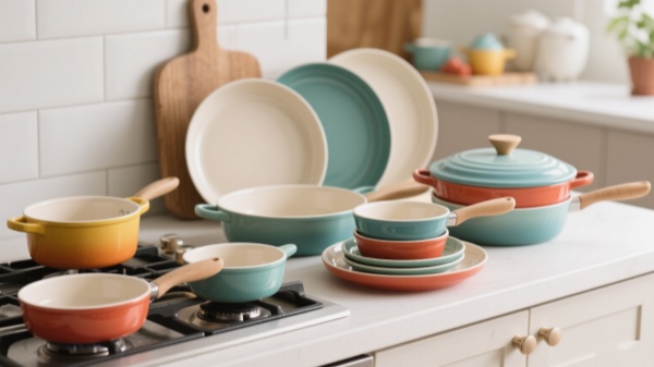 A ceramic cookware set of beautifully designed color-coordinated cookware