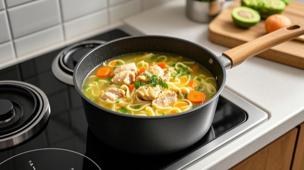 high-quality non-stick stockpot filled with classic chicken noodle soup