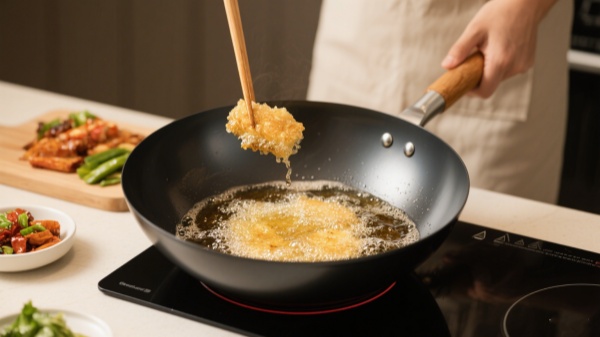 flat woks deep frying on induction