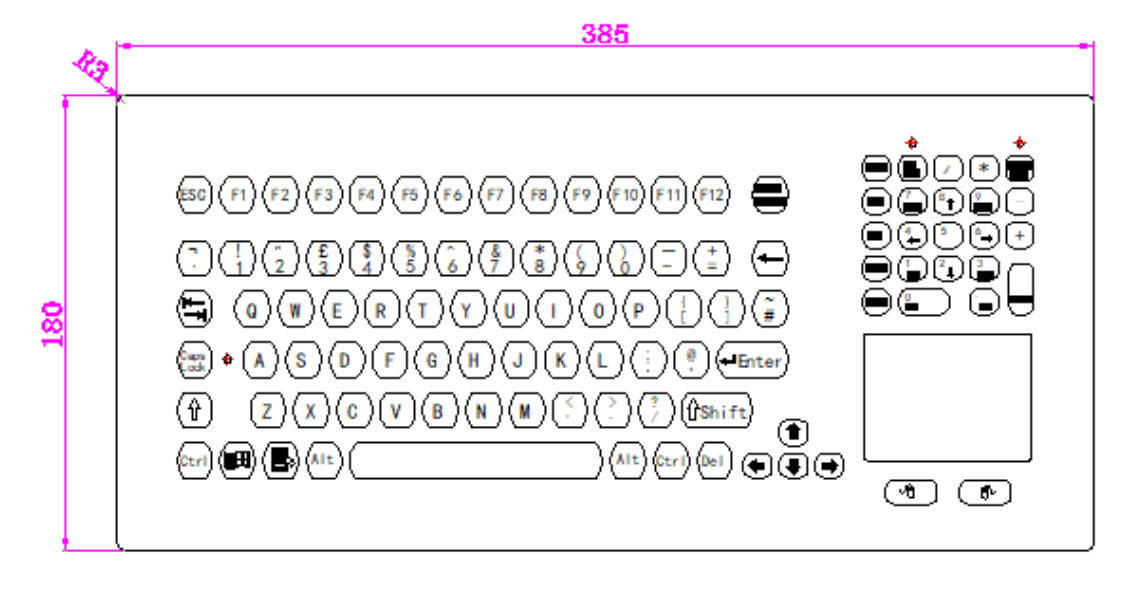 104 keys stainless steel panel mount rugged keyboard with trackball layout interface