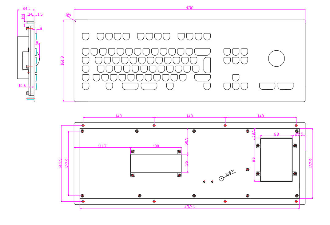Industrial keyboard stainless steel series dimension