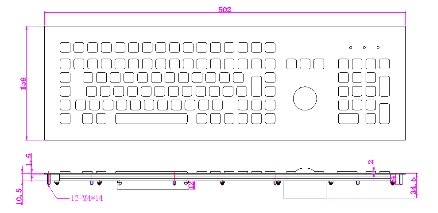 stainless steel panel mount keyboard with trackball dimension