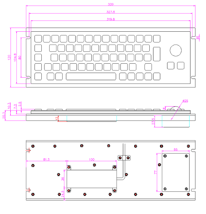 steel keyboard with integrated trackball mouse dimension