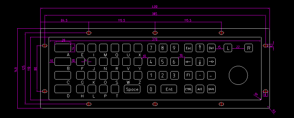 Metal keyboard and trackball dimension