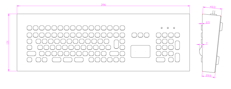 Industrial desktop keyboard with touchpad mouse diagram